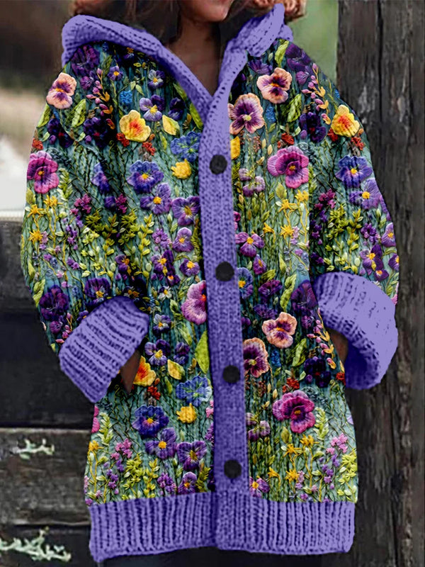 Violet Wildflower Borduurwerk Kunst Gezellige Capuchon Cardigan